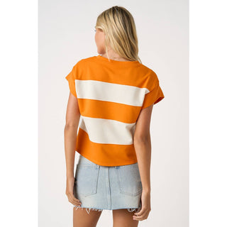 STRIPED SHORT CAP SLEEVE BOXY TOP