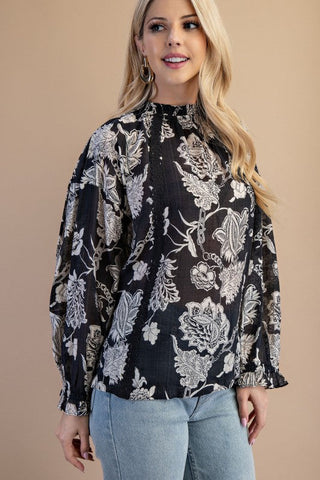 Black Floral High-Neck Blouse - Women > Activewear > Tops > Long Sleeve