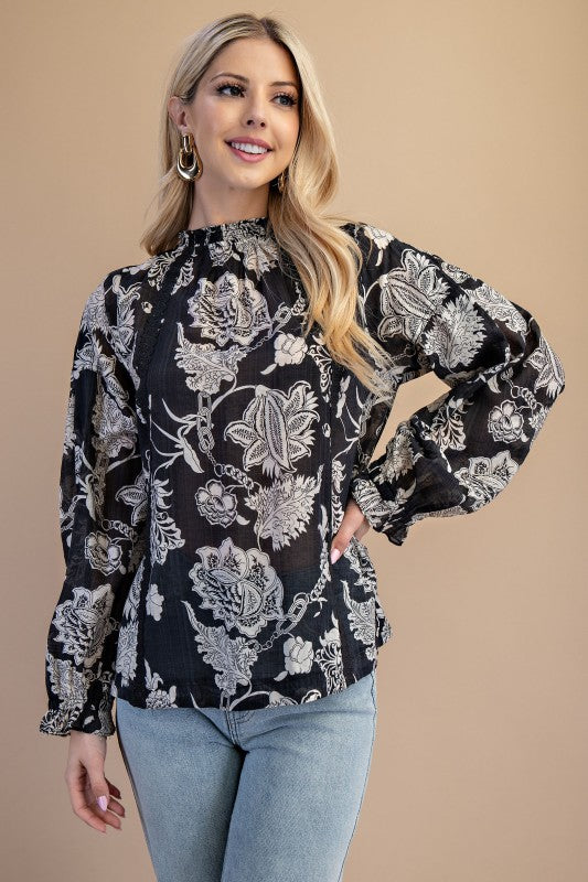 Black Floral High-Neck Blouse - Women > Activewear > Tops > Long Sleeve