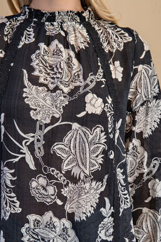 Black Floral High-Neck Blouse - Women > Activewear > Tops > Long Sleeve