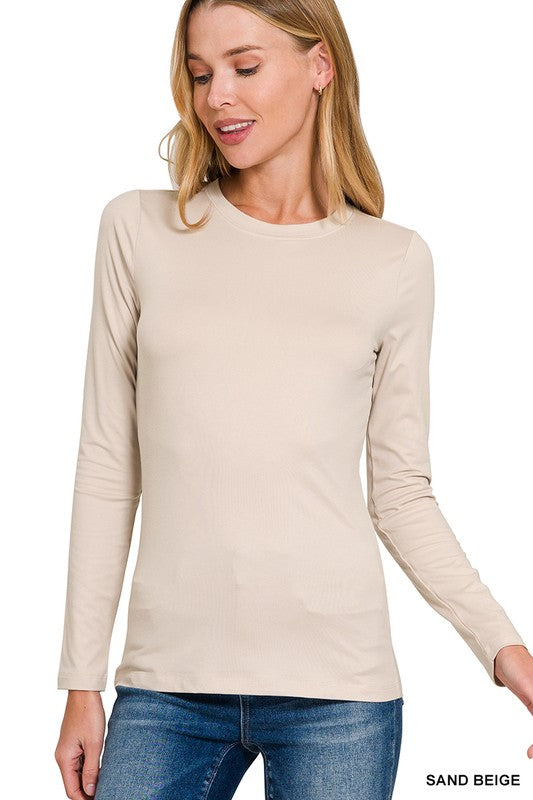 Brushed Microfiber Long Sleeve Tee – Buttery Soft & Perfectly Layerable - Sand / S - Women > Activewear > Tops > Long
