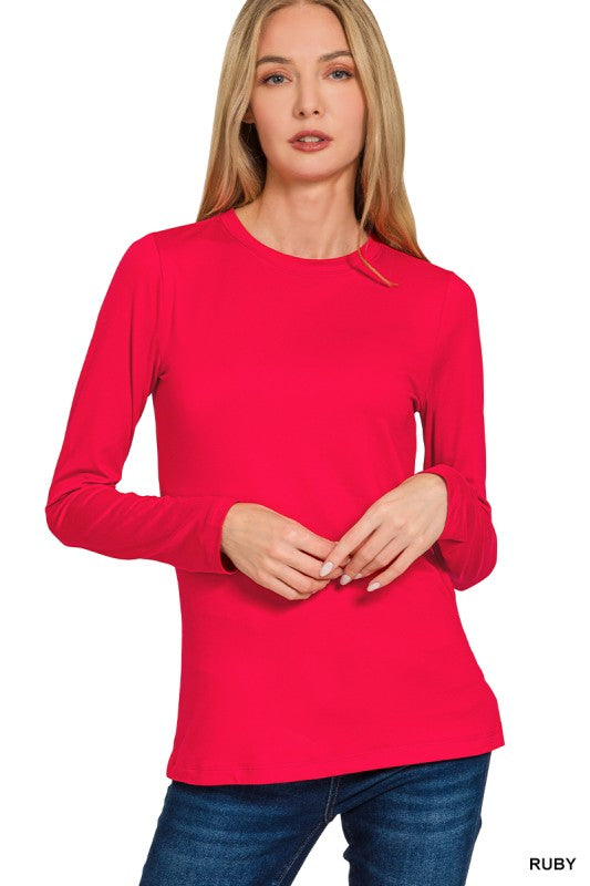 Brushed Microfiber Long Sleeve Tee – Buttery Soft & Perfectly Layerable - Ruby / S - Women > Activewear > Tops > Long