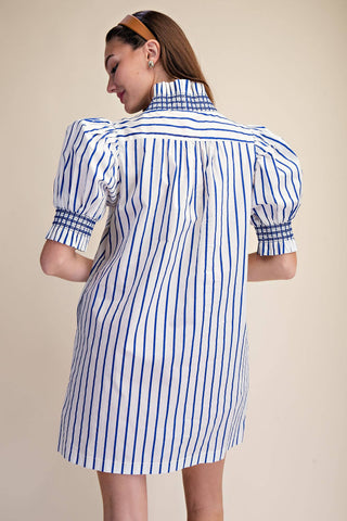 Ruffle V-Neck Smocked Puff Sleeve Stripe Mini Dress