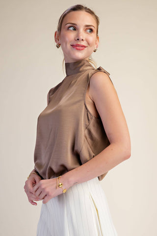 Satin Mock Neck Sleeveless Blouse with Elegant Cowl Back Tie