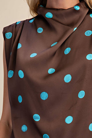 Satin Polka Dot Cowl Mock Neck Sleeveless Blouse
