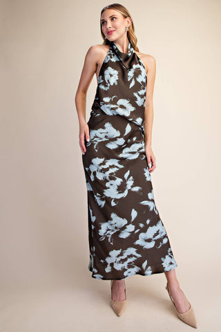 Floral Satin Midi Skirt – Chic Elastic Waist Slip Skirt