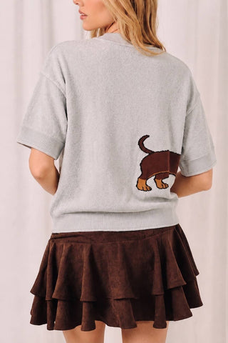 Round Neck Dachshund Graphic Short Sleeve Sweater Top