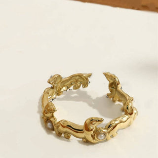 Sculpted Dachshund Pearl Ring, Adjustable, Gold-Plated