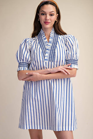 Ruffle V-Neck Smocked Puff Sleeve Stripe Mini Dress