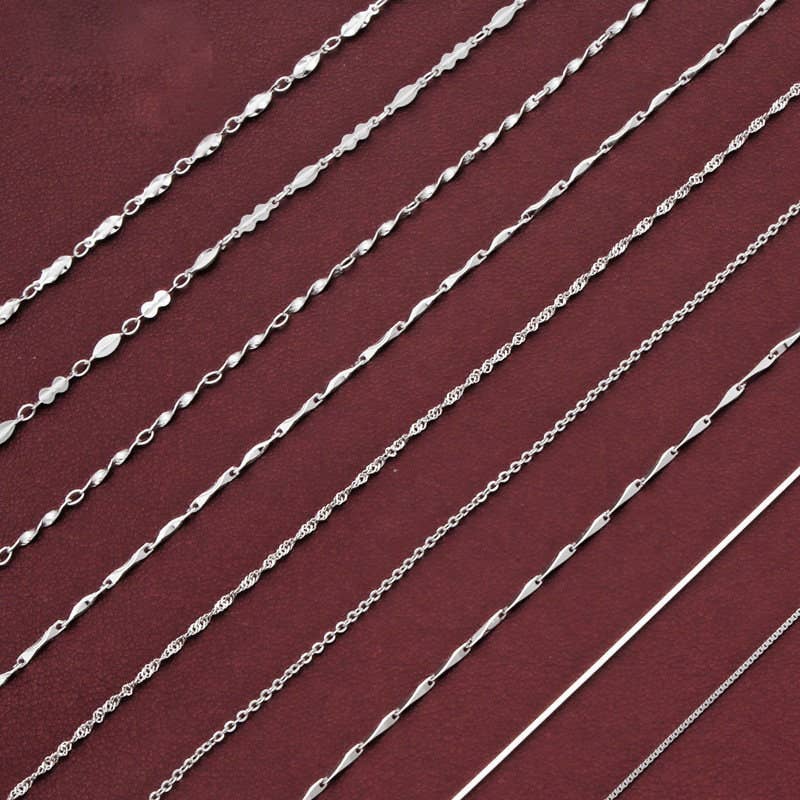 Sterling silver Box Cable Singapore chain necklace displayed in various elegant link styles — handcrafted fine jewelry chains from The Pink Doxie.