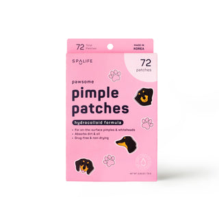 Pink box of Pawsome Hydrocolloid Pimple Patches with dachshund illustrations, displayed on a white background at The Pink Doxie Boutique.
