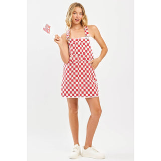 GAME DAY CHECKERED BIB OVERALL MINI DRESS