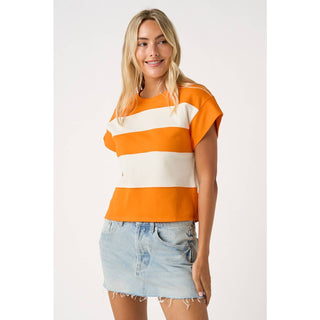 STRIPED SHORT CAP SLEEVE BOXY TOP