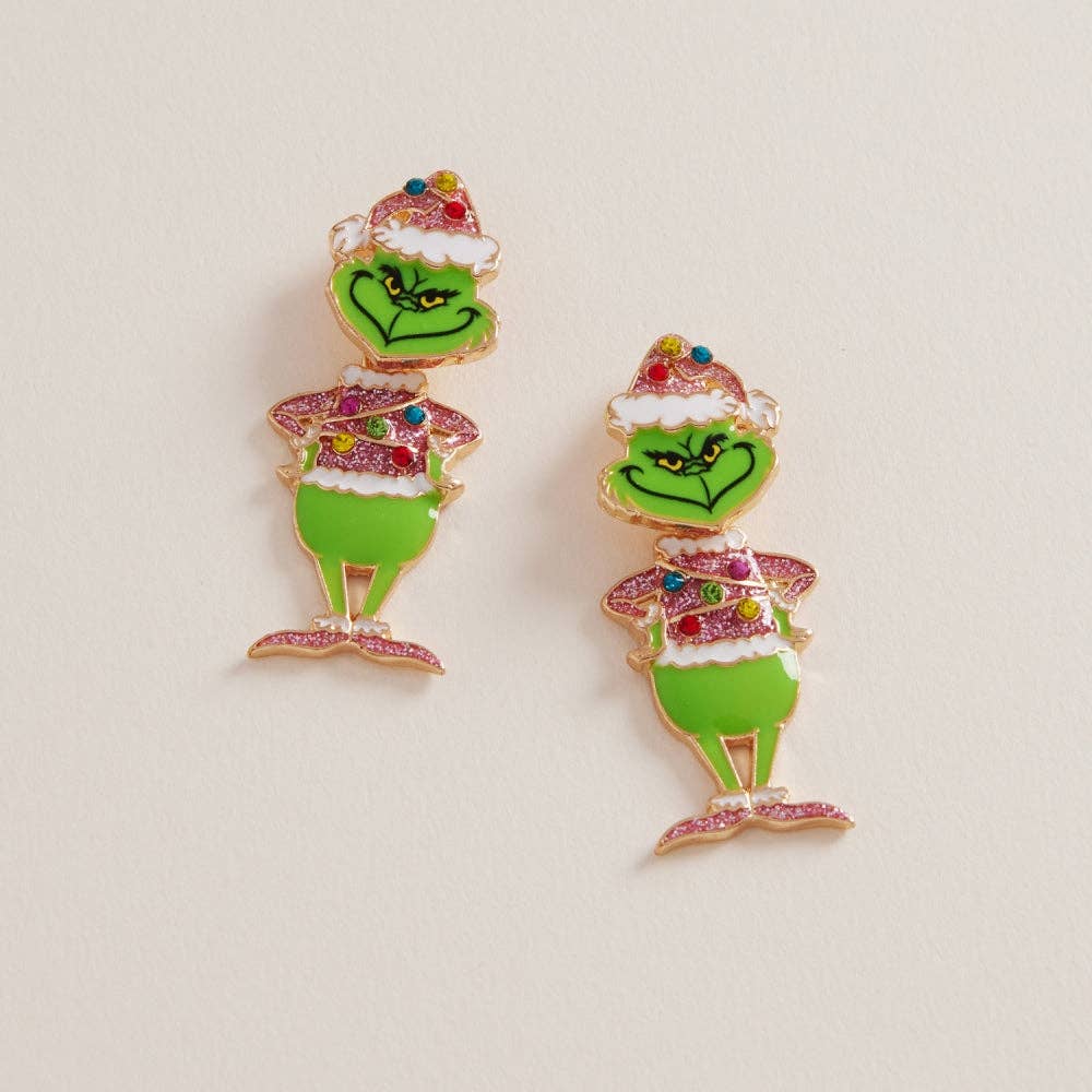 Festive green holiday character earrings with rhinestones displayed on a neutral background.