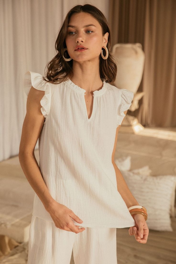 Cotton Ruffle Sleeve Top - Shirt