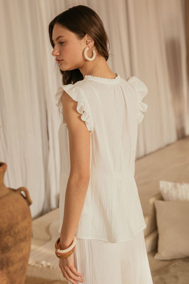 Cotton Ruffle Sleeve Top - Shirt