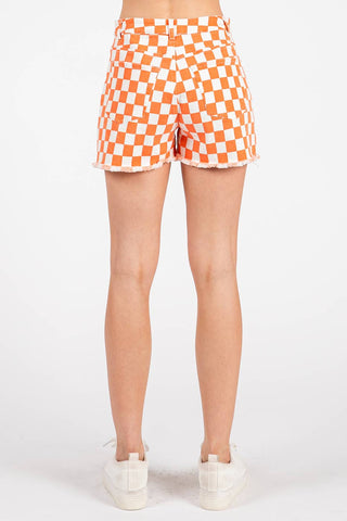 GAME DAY CHECKERED FRAYED HEM CASUAL SHORTS