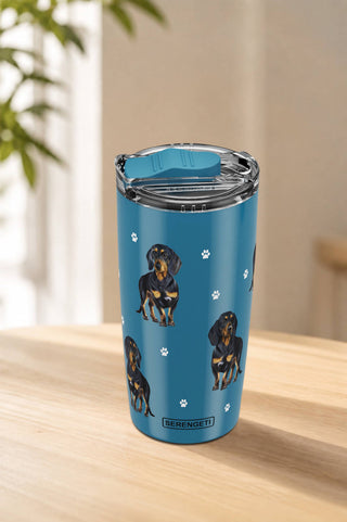A black and blue stainless steel tumbler featuring a dachshund design with a sliding lid.