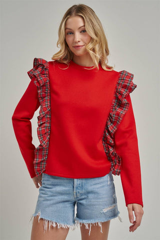 CHRISTMAS HOLIDAY BRUSHED TERRY TOP WITH PLAID_JLT00439-01