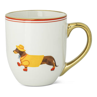 A 20oz ceramic mug featuring a dachshund in a yellow raincoat with a gold handle.