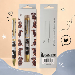 Dachshund-themed ballpoint pen with matching decorative gift box.