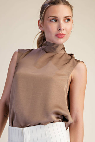 Satin Mock Neck Sleeveless Blouse with Elegant Cowl Back Tie