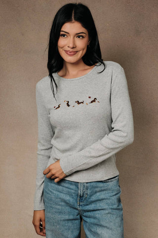 ROUND NECK  "FALL DOG THEME" EMBROIDERY RIBBED TOP