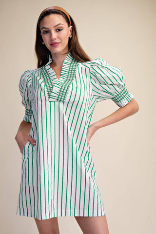 Ruffle V-Neck Smocked Puff Sleeve Stripe Mini Dress