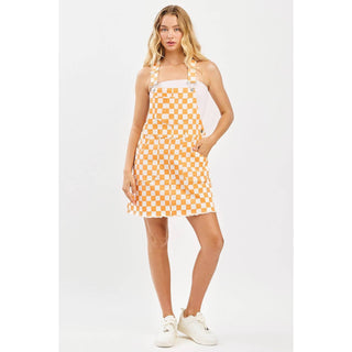 GAME DAY CHECKERED BIB OVERALL MINI DRESS