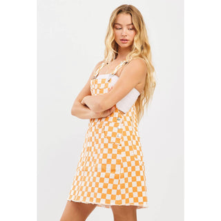 GAME DAY CHECKERED BIB OVERALL MINI DRESS