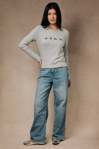 ROUND NECK  "FALL DOG THEME" EMBROIDERY RIBBED TOP