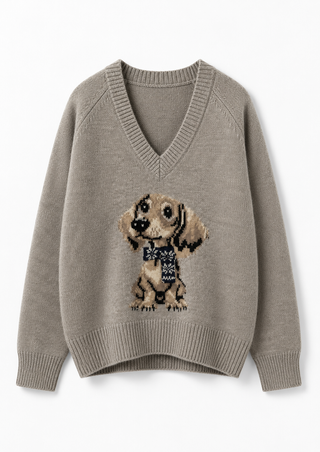 "Cozy Doxie" Vintage V-Neck Graphic Sweater