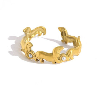 Sculpted Dachshund Pearl Ring, Adjustable, Gold-Plated