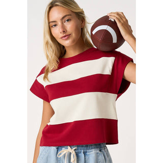 STRIPED SHORT CAP SLEEVE BOXY TOP