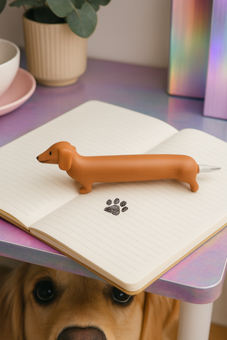 Brown Dachshund-shaped squishy pen with black ink lying on an open notebook.