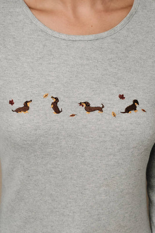 ROUND NECK  "FALL DOG THEME" EMBROIDERY RIBBED TOP