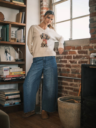 "Cozy Doxie" Vintage V-Neck Graphic Sweater