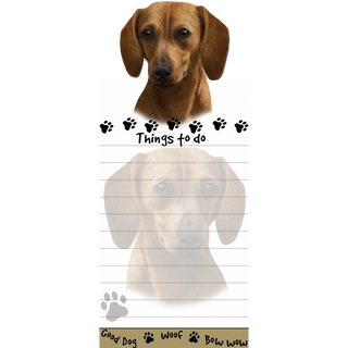Dachshund-shaped magnetic list pad with lined sheets and paw print accents.