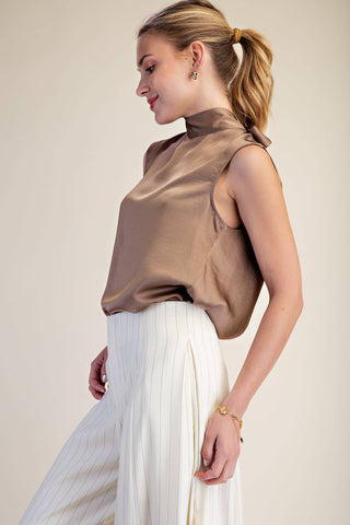 Satin Mock Neck Sleeveless Blouse with Elegant Cowl Back Tie