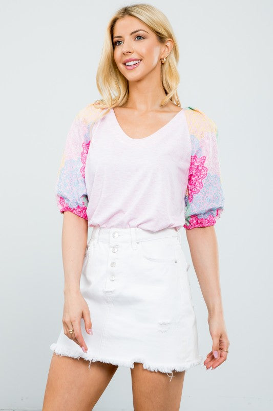 Embroidered Puff Sleeve Top - Shirt