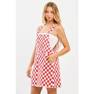 GAME DAY CHECKERED BIB OVERALL MINI DRESS