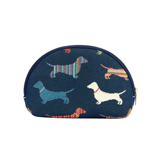 Navy cosmetic makeup bag with colorful dachshund pop-art design and zip closure.