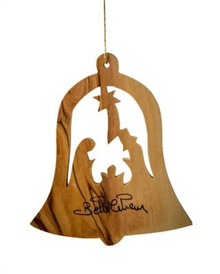 Bell with Nativity Olive Wood Ornament – 3"