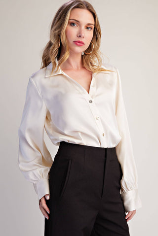 Luxe Satin V-Collar Blouse with Puff Sleeves
