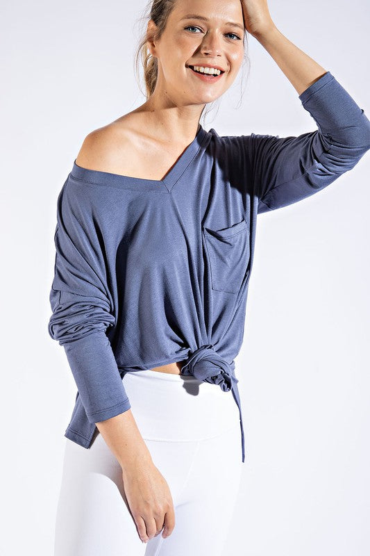 Plus Size High-Low Long Sleeve V-Neck Top with Pocket and Side Slit