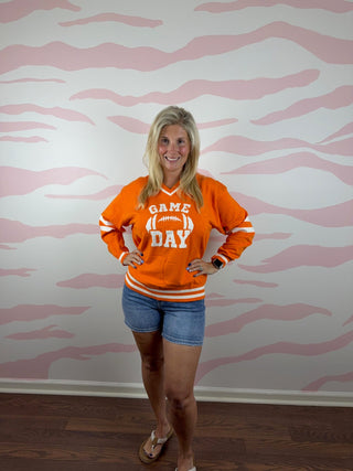 Game Day Varsity V-Neck Sweater – Orange & White - Sweater