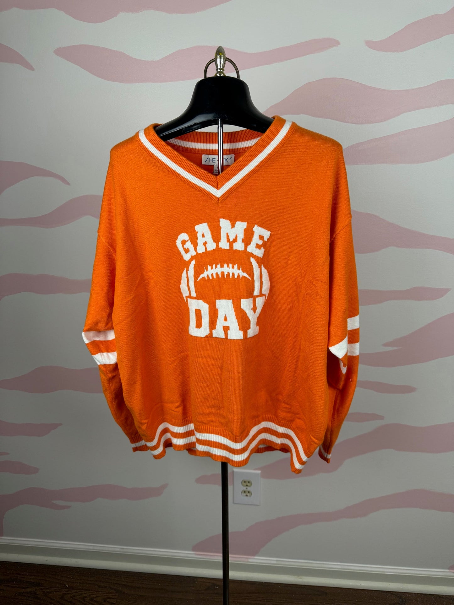 Game Day Varsity V-Neck Sweater – Orange & White - Sweater