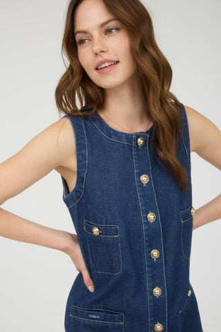Gold Button Down Sleeveless Denim Mini Dress - Dress