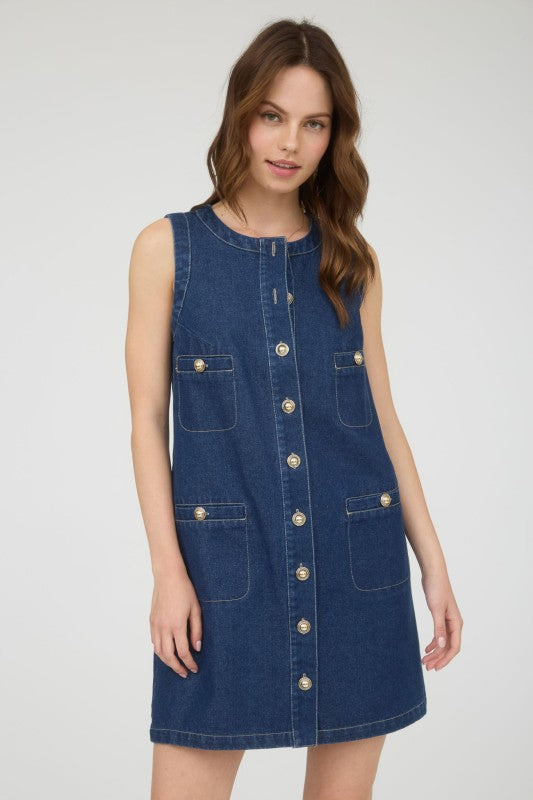 Gold Button Down Sleeveless Denim Mini Dress - S - Dress