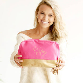 Gold Wifey Hot Pink Cabana Cosmetic Bag